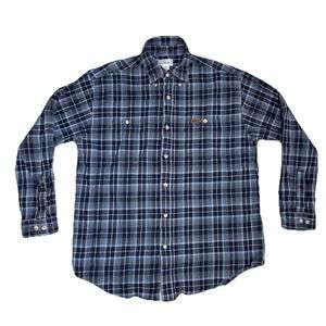 Carhartt Mens L Plaid Button Down Shirt Long Sleeve Navy Blue Cotton Pockets